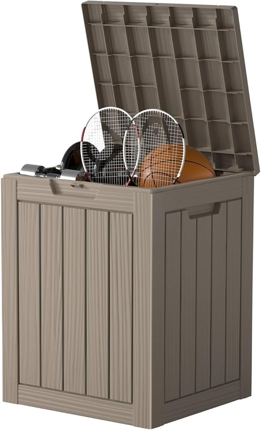 28 Gallon Waterproof Resin Deck Box, Lockable Outdoor Storage Box for Patio Furniture, Garden Tools, UV Resistant, and Multi-Functional (Brown)