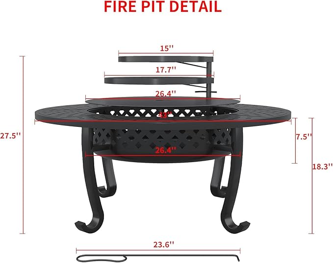 43 Inch Fire Pit with 2 Grill for Outside, Outdoor Wood Burning Firepit with Lid, Metal Round Table for Backyard Patio Garden Picnic Camping Bonfire, Black