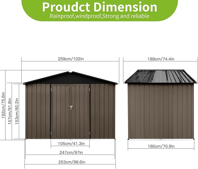 8FT x 6FT Outdoor Metal Storage Shed with Apex Roof - Heavy Duty Steel Garden Shed with Hinged Door & Built-in Vents, Includes Free Padlock for Secure Tool & Equipment Storage (Easy Assembly)
