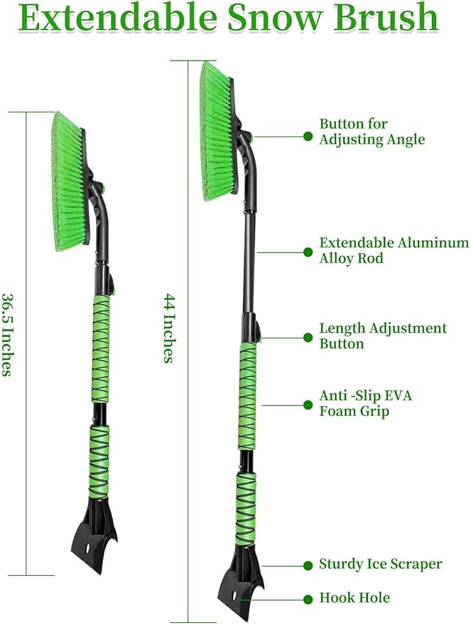 HEEYA 44 Inch Snow Brush for SUV, Ice Scraper for Car Windshield Window, Extendable Snow Scraper and Brush with Comfortable Foam Grip for Truck Vehicle Automobile - Green