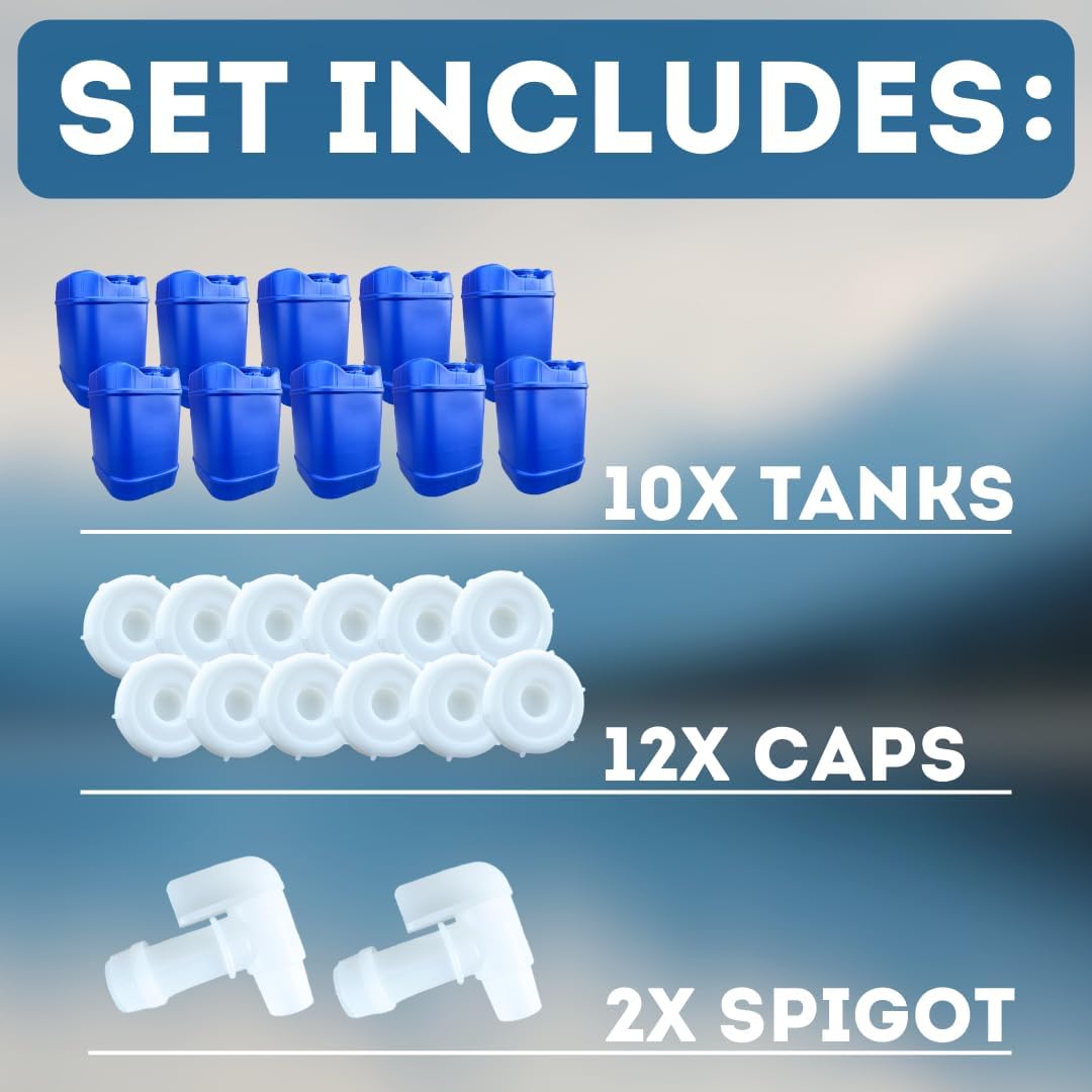 5-Gallon Stackable Water Storage Containers, 5 Gallons Each w/Lids + Spigot, Easy Fill, Survial Supply Emergency Water Storage for Camping and Disaster Preparedness, RV, 50 Gallon (10 Tanks)