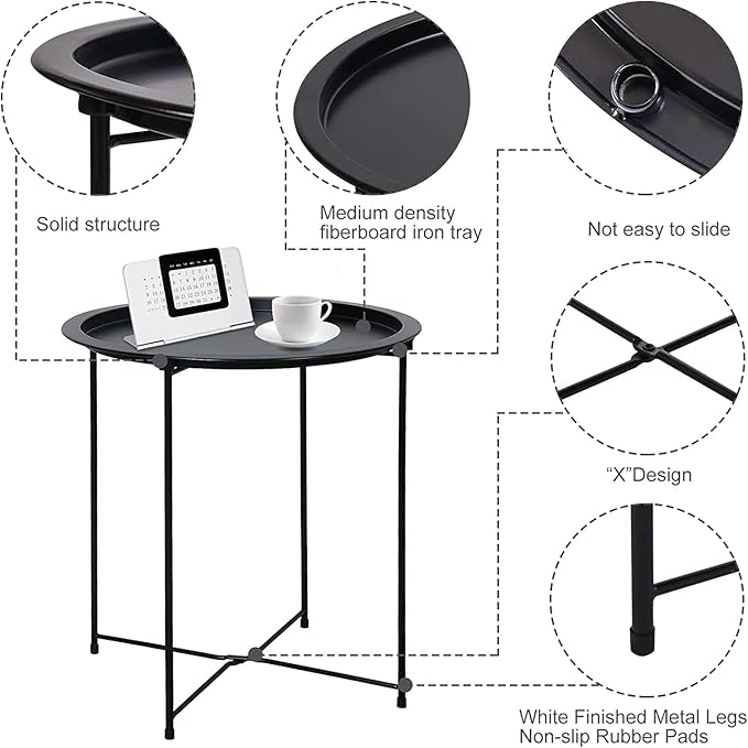 Garden 4 you End Table 2 PCS Metal Side Table Black Round Folding Tray Cyan Sofa Small Accent Fold-able Table, Round End Table Tray, Next to Sofa Table, Snack Table for Living Room and Bed Room