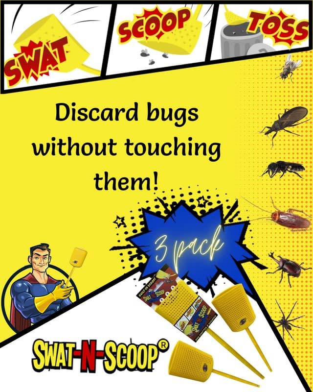 Heavy Duty Fly Swatter and Spider Catcher and Release. Insect Fly Catchers for Inside Home. House Fly Swatter or Humane Bug Catcher with Built in Insect Scoop. (2pk, Yellow)