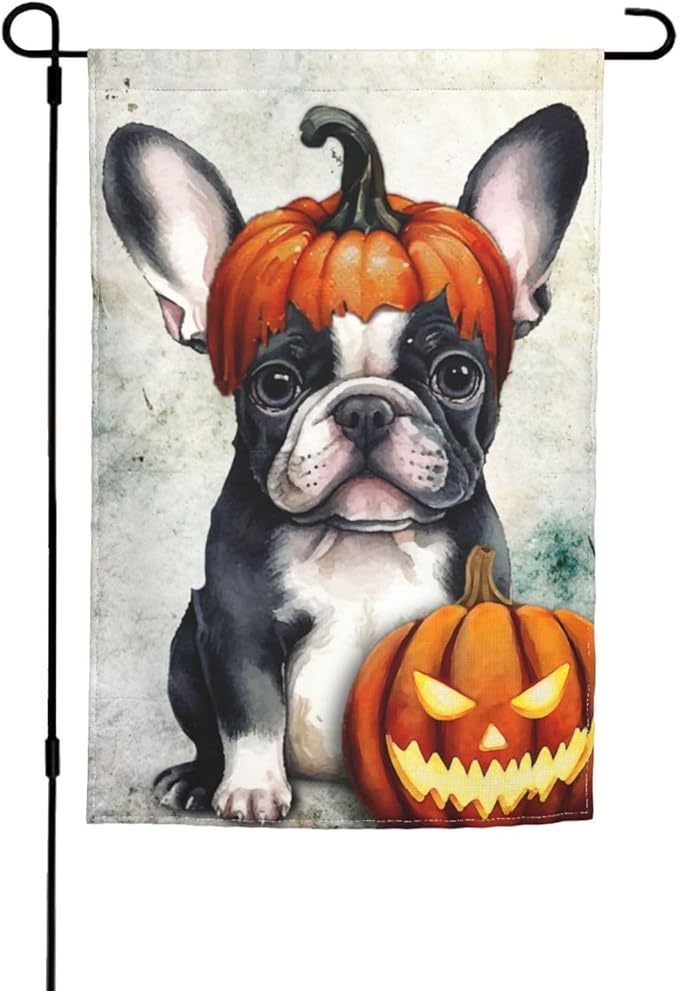 Halloween Boston Dog Pumpkin Garden Flag Welcome Party Outdoor Outside Decorations Picks Home House Garden Yard Decor 12x18 Inch