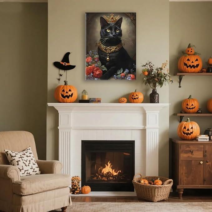 Jatinoo Gothic Halloween Decor - Black Cat Framed Canvas Art Print, Witchy Moody Wall Decor for Living Room, Goth Home Accessories, 11.5x15 Inch Vintage Style