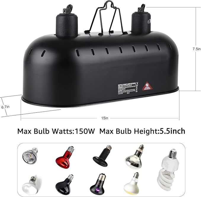 15 inch Dual Reptile Light Fixture, Max 150W Dual Reptile Heat Lamp Fixture with 100W UVA UVB Sun Light & Ceramic Heat Emitter,Double Dome Lamp for Terrarium and Tortoise Habitat