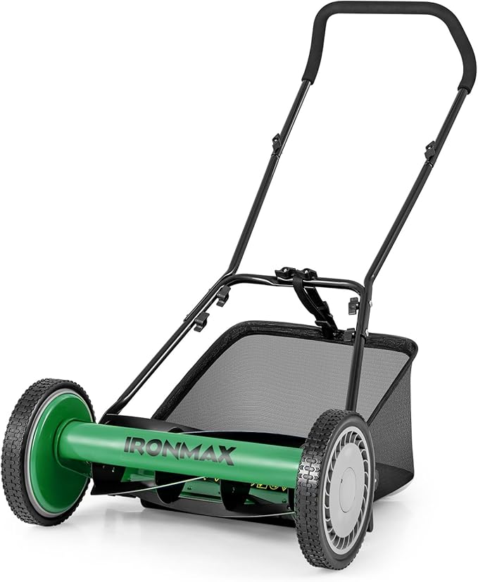 Goplus Manual Lawn Mower, 16 Inch 5-Blade Walk-Behind Cordless Grass Cutter with 7 Gallon Removable Grass Collect Bag, Adjustable Cutting Heights, Push Reel Lawn Mower for Yard, Garden