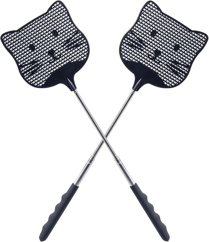 2 Pack Extendable Fly Swatter, 25 inch Long Handle Flyswatters, Plastic Heavy Duty Fly Swatters Manual for Indoors Patio Garden and Outdoors Black