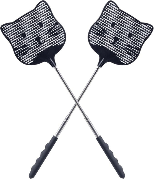 2 Pack Extendable Fly Swatter, 25 inch Long Handle Flyswatters, Plastic Heavy Duty Fly Swatters Manual for Indoors Patio Garden and Outdoors Black