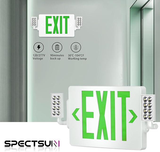 Spectsun 1 Pack Exit Signs with Emergency Lights,120-277VAC -LED Combo Emergency Light with Backup Battery-Double Face UL Listed Green Letter Exit Sign Lighting-Hard Wired-Fire Resistant