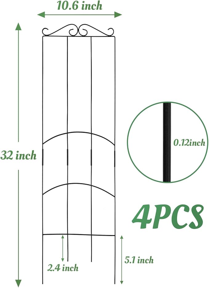 4 Pack 32'' Plant Trellis Indoor - Metal Trellis for Climbing Plants Indoor, Garden Trellis for Climbing Plants Outdoor Houseplants Flowers Vine Ivy, Rectangular Shape, Black
