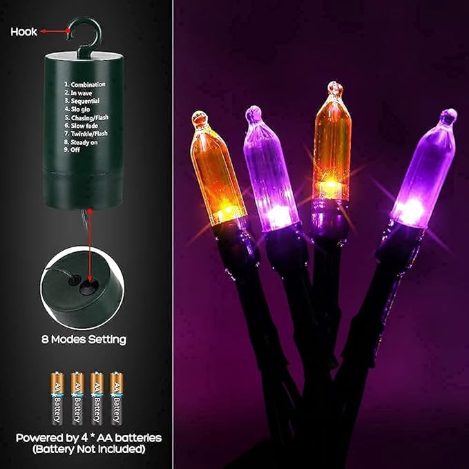 Joomer Orange Purple Halloween Lights - Battery Operated 33ft 100 LED String Lights, Waterproof Outdoor Indoor with 8 Modes Timer for Party, Garden, Halloween Decor