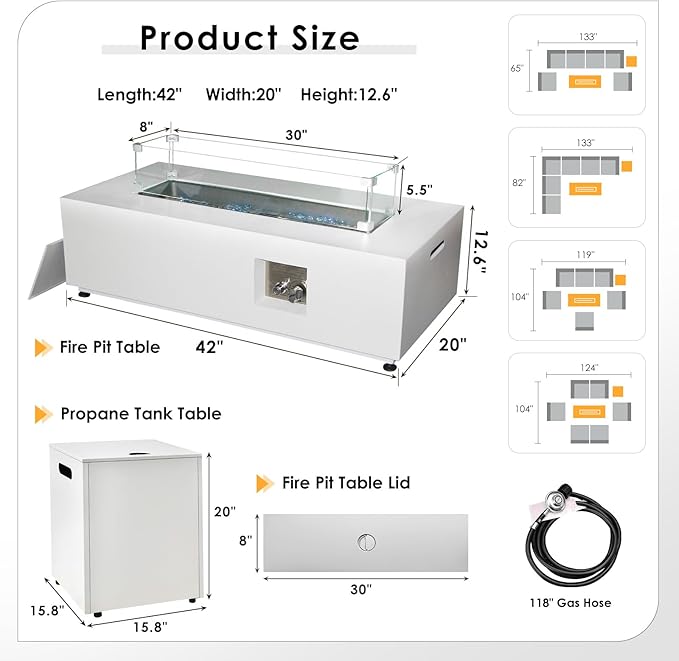 NICESOUL 42'' Outdoor Rectangle Fire Pit Table, Modern Low Profile Patio Firepits with Tank Table, 50,000 BTU Firepit Table for Outside, Exterior, Porch, Backyard or Garden, No Assembly, Grayish white