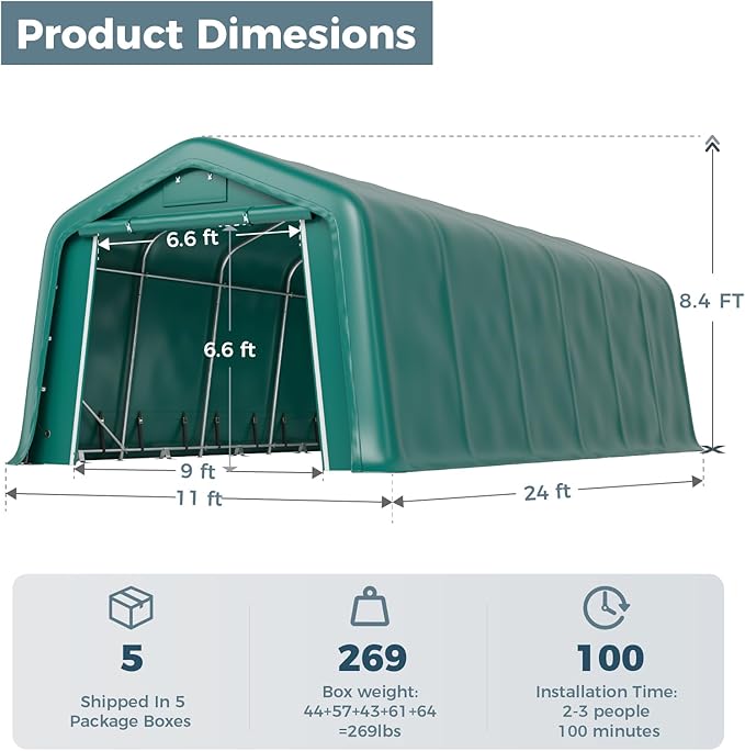 GREEN PARTY 11' x 24' Heavy Duty Carport, Portable Storage Shelter Shed Outdoor Carport with Roll-up Zipper Door & Vents, Storage Car Canopy Car Tent Garage for SUV, Truck and Boat, 200g PE Cover