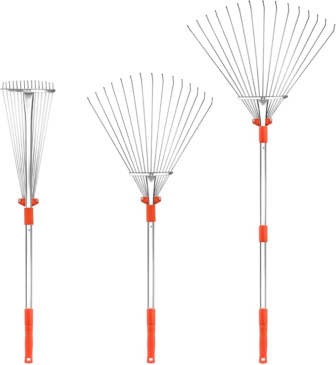 Buyplus Adjustable Garden Leaf Rake - 24 to 63 Inch Telescopic Metal Expandable Folding Leaves Rake, Metal Rake for Leaves, Yard Rakes for Lawn Yard, Flowers Beds, Orange