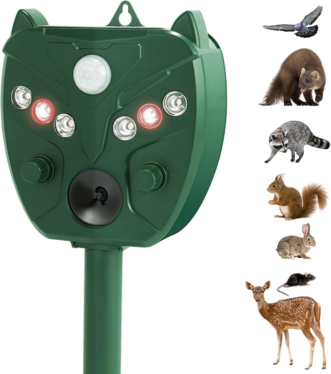 Solar Motion Sensored Animal Repellent, Motion Sensor Sound Flashing Light, Repel Rabbit, Deer, Squirrers, Birds, Fox, Raccoon, Skunk, Coyote for Yard, Outdoors