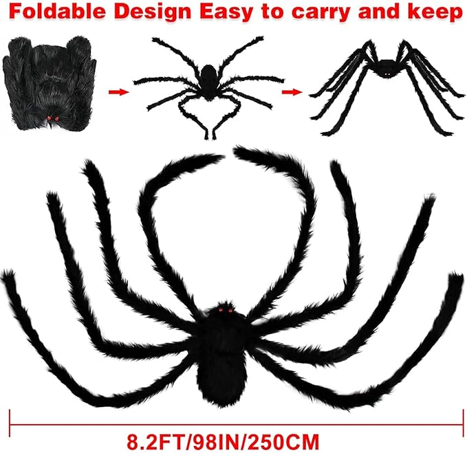 98IN/8.2FT/250CM Halloween Giant Spider Decorations: Largest Fake Scary Hairy Spider - Halloween Huge Plush Toy Spider Props Toy for Indoor Outdoor Creepy Lawn Garden Decor Black