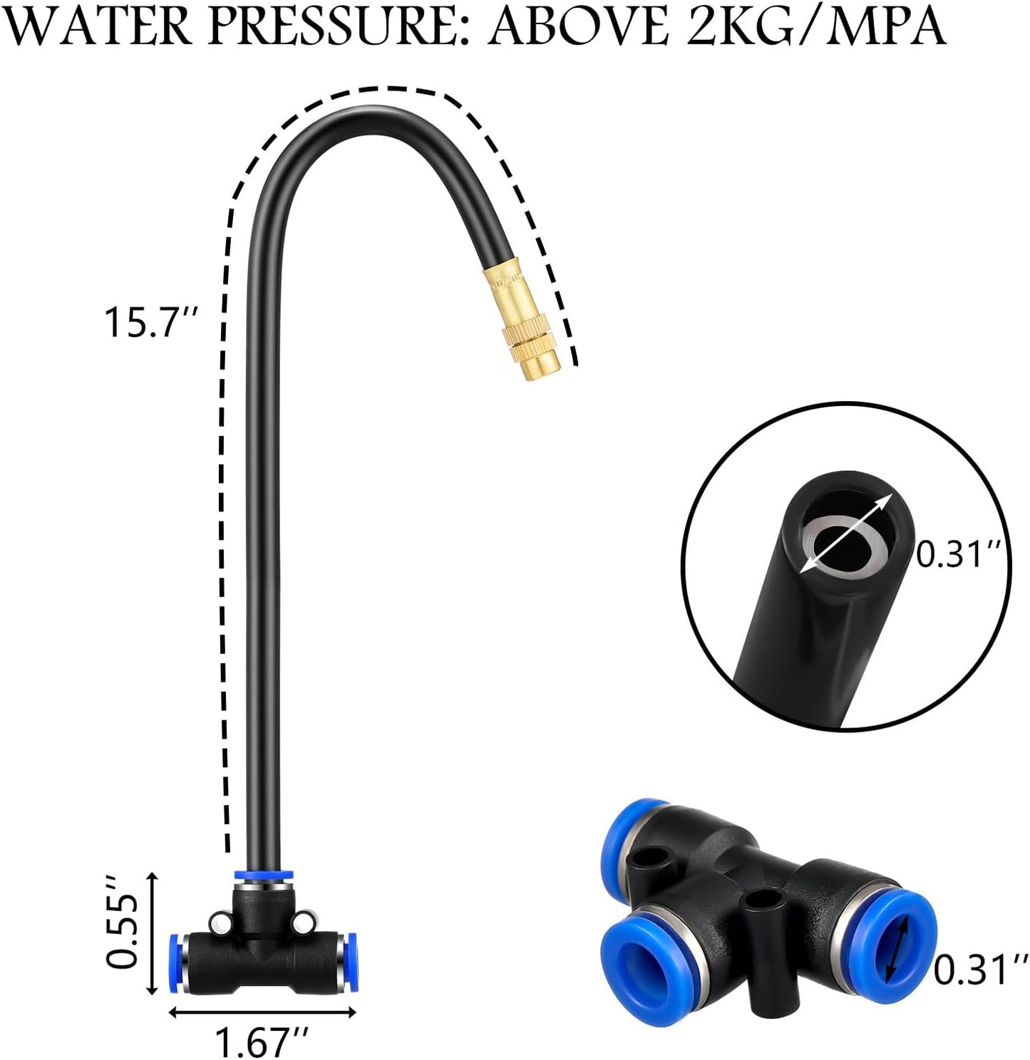 Zonon 10 Pcs Brass Misting Nozzles Tee with 16 Inch Built in Hose 360 Degree Rotation Adjustable Water Mister Nozzles Thread Sprayer 0.043" Misting Parts and Accessories for Patio Outdoor Cooling