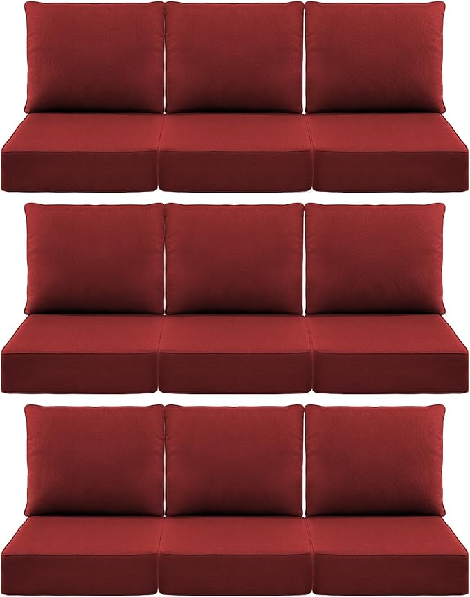 Luxury 6" Outdoor Cushions for Patio Furniture, 24x24x6 Thick Seat Cushion Set of 9, Fade Resistant Couch Chair Replacement Cushions High Density Deep Wicker Chair Cushion w/Removable Cover, Red