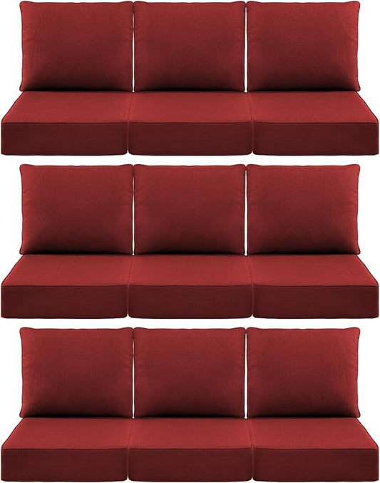 Luxury 6" Outdoor Cushions for Patio Furniture, 24x24x6 Thick Seat Cushion Set of 9, Fade Resistant Couch Chair Replacement Cushions High Density Deep Wicker Chair Cushion w/Removable Cover, Red