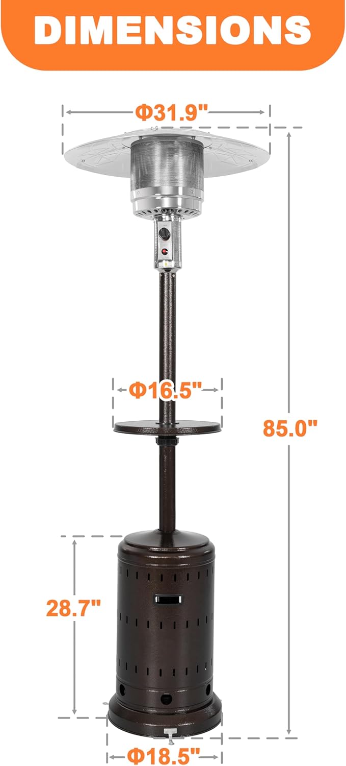 Nuu Garden Outdoor Propane Gas Patio Heater with Wheels, Patio Heater with Liftable Drink Stand for Patio, 304 Stainless Steel Burner, Backyard, Garden, Porch, Brown