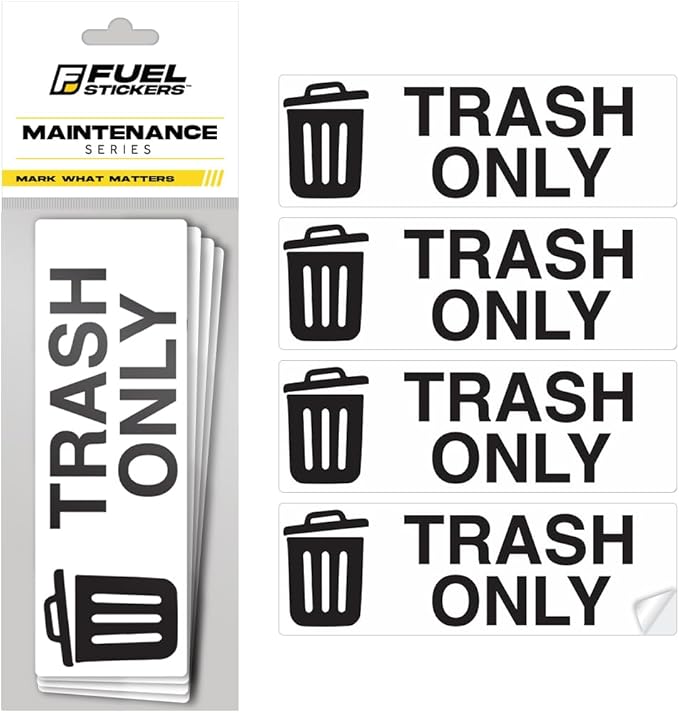 Trash Sticker for Outdoor Trash Can, Garbage Can - 3-5 Year Indoor/Outdoor Rated - Heavy Duty, Weather Proof, Ultra Durable - USA Made (6x2 inch), 4 Labels
