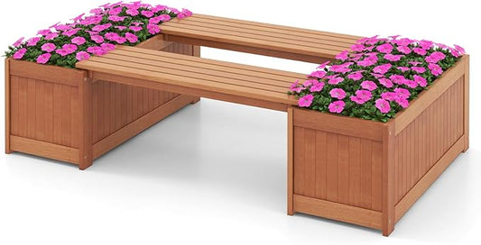 Giantex Set of 2 Outdoor Bench, Wood Raised Garden Bed w/Open Base, Weather-Resistant Rectangular Deep Planter Boxes for Flowers Fruit Vegetable, Bench Seat for Porch Yard Balcony Lawn