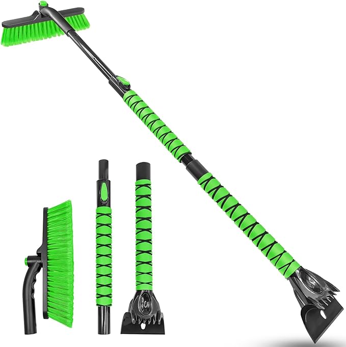 HEEYA 51 Inch Snow Brush for Trucks, Extendable Long Handle Ice Scraper with Brush with Foam Grip, SUV Heavy Duty Snow Brush with Ice Scraper for Car Auto Jeep RV Vehicle Windshield Window - Green