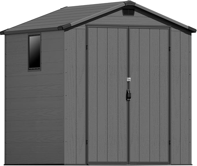 Patiowell 6 x 6 FT Plastic Outdoor Storage Shed with Floor, Resin Outside Tool Shed with Two Windows and Lockable Door for Garden, Backyard, Tool Storage Use, Easy to Install, Dark Grey