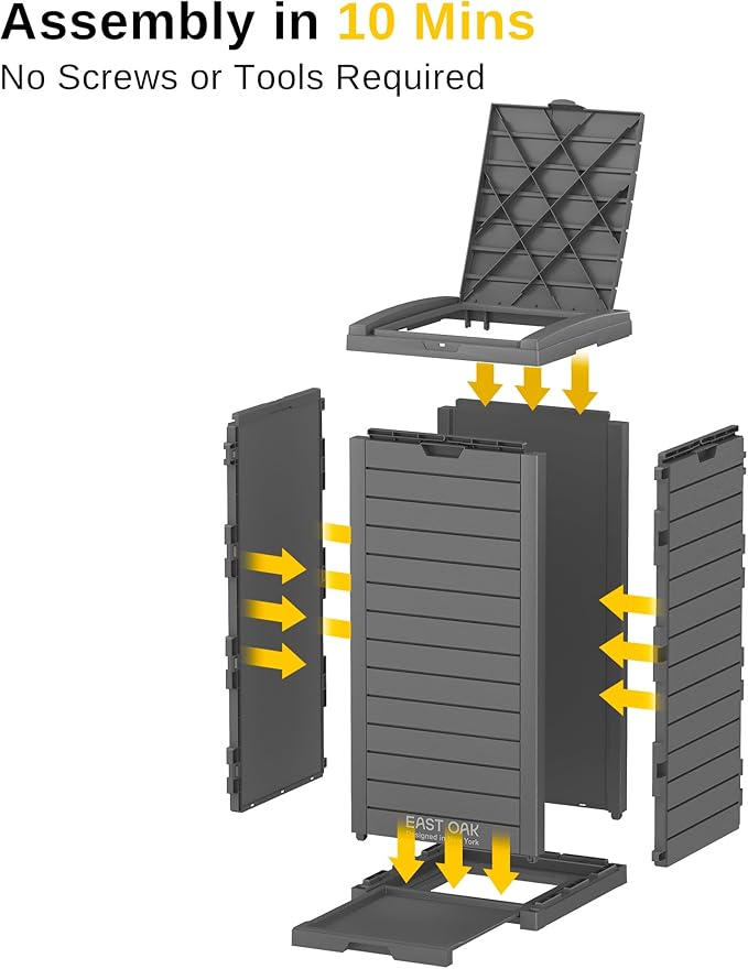 EAST OAK 38 Gallon Outdoor Trash Can | Waterproof Resin Garbage Can with Tiered Lid & Drip Tray | Outside Trash Bin for Patio | Kitchen, Backyard & Deck | Gray Color