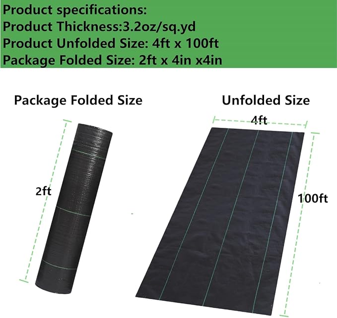 4ftx100ft Weed Barrier Landscape Fabric Heavy Duty, Weed Gardening Ground Cover Mat, Weed Control Garden Cloth, Woven Geotextile Fabric for Underlayment, Commercial Driveway Fabric, Black
