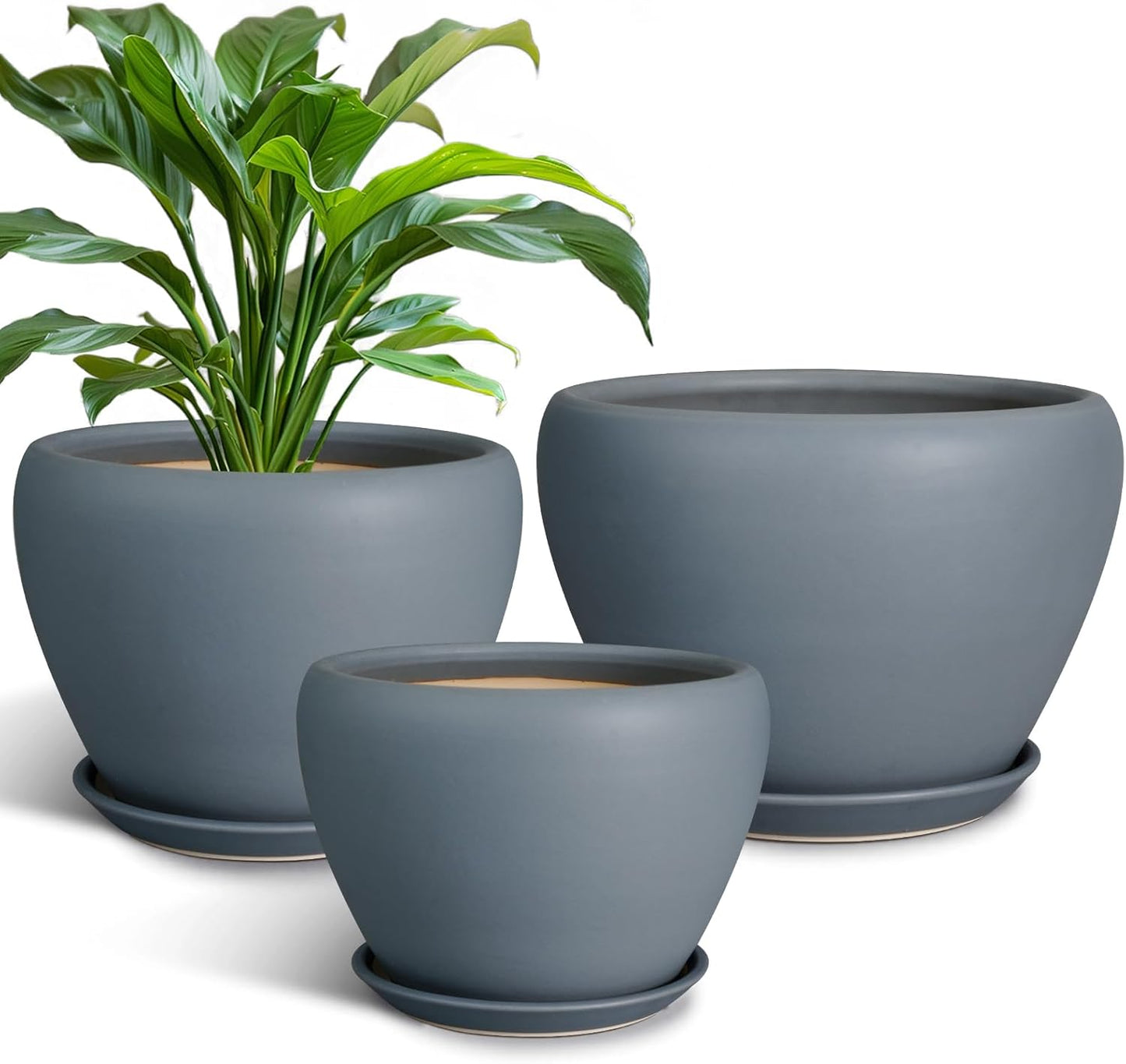 Ceramic Plant Pots - Large Planters for Indoor Plants 10 Inch 8 Inch 6 Inch Plant Pots with Drainage Holes and Saucer Fluted Round Flower Pots Outdoor Set of 3 Gray