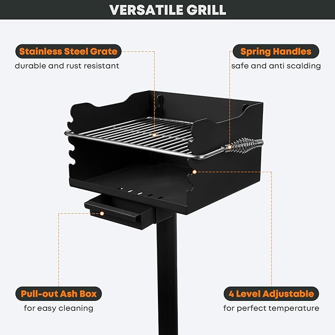 Stanbroil Charcoal Barbecue Grill for Outdoor, Heavy Duty Steel Park BBQ Grill with Stainless Steel Cooking Grate and Above/In Ground Post for Camping and Backyard