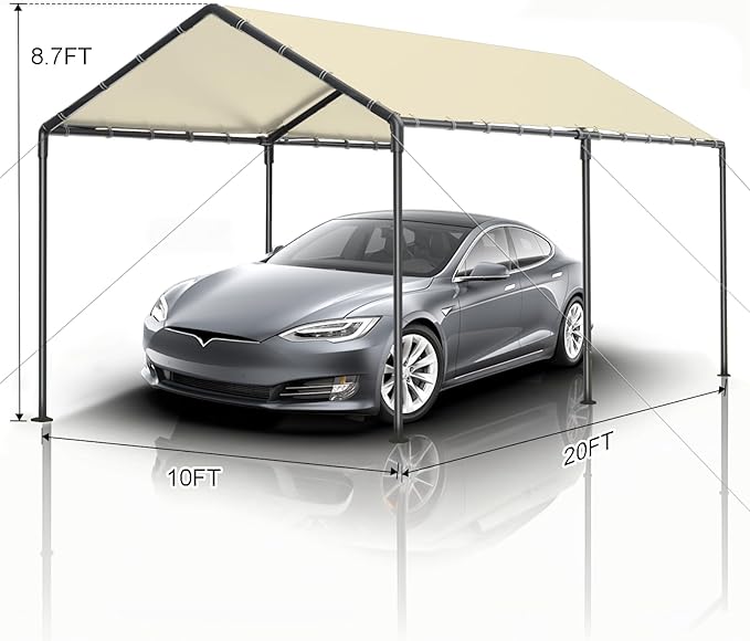 Carport, 10x20ft Heavy Duty Portable Garage, Car Port with Storage Shed, Car Canopy Car Tent with Steel Frame All-Season Tarp for Car, Truck, Boat, Party (B-Rice)