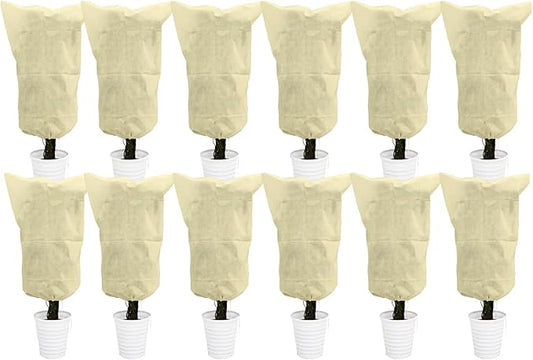 EAONE 12 Pack Plant Covers Freeze Protection, 24x32'' Winter Frosts Cloth for Outdoor Plants, Reusable Frost Blankets Drawstring Bags for Cold Freeze Sun Protection Bird Insect Prevention,Beige