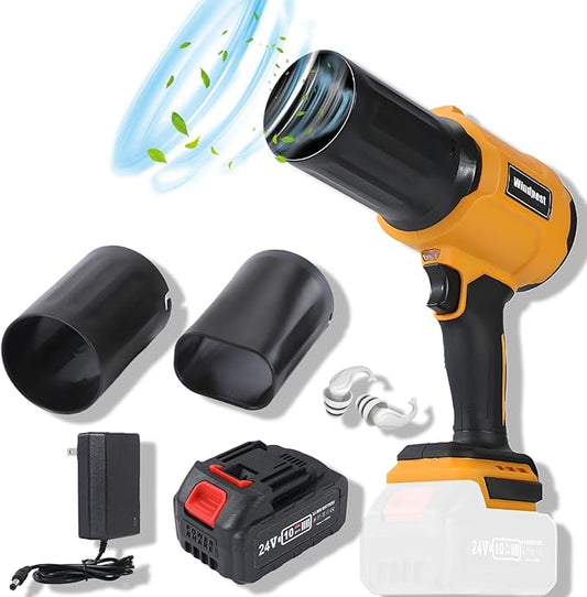 Small Cordless Leaf Blower,Leaf Blower Cordless,300,000RPM Turbo Jet Blower, with 1 X 24VX 4.0Ah Battery and Charger,for Patio Cleaning, Lawn Care, Car Cleaning and Dust Etc,2 Blowing Nozzles-Yellow