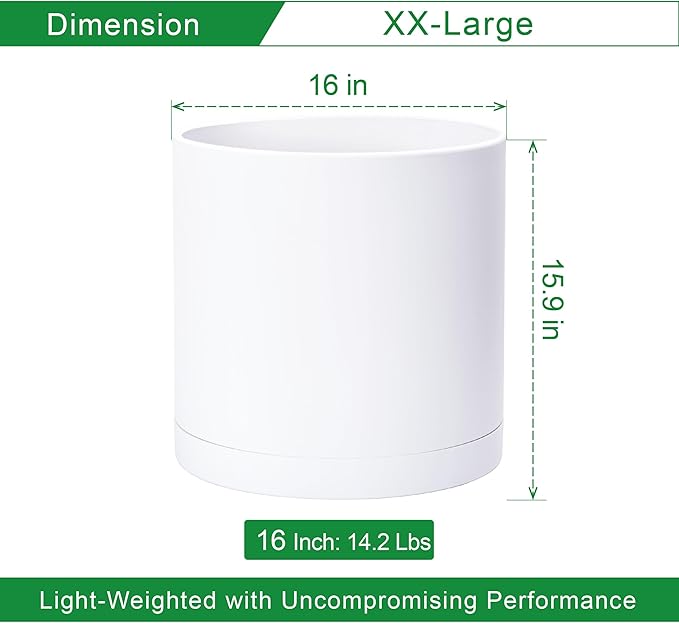 D'vine Dev 16 Inch White Plastic Planter Pots for Plant Pot with Drainage Hole and Seamless Saucers, 74-X-A-5