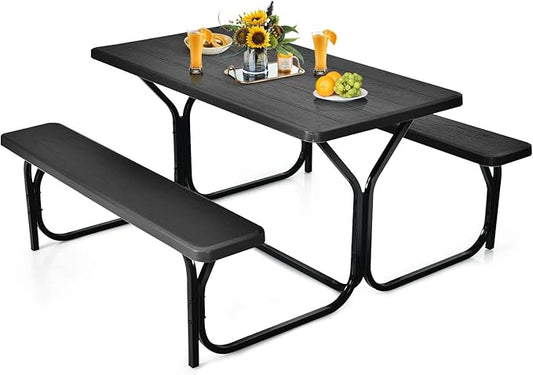 Moccha Picnic Table Bench Set - Portable Plastic Picnic Table w/Steel Frame & Wood-Like Texture, All Weather Heavy Duty Picnic Table Kit, Picnic Tables for Outdoors Garden Patio Party Dining (Black)