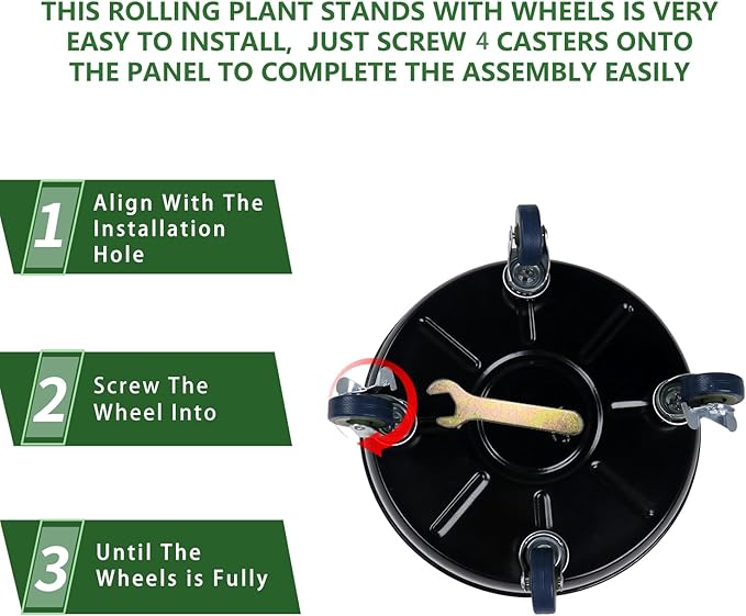 3 Pack Metal Plant Caddy With Wheels 12 Inch Black, Round Rolling Heavy Duty Plant Dolly, Heavy Plant Pot Mover Outdoors or Indoors, The Metal Wheel Can Rotate 360 Degrees or Lockable.