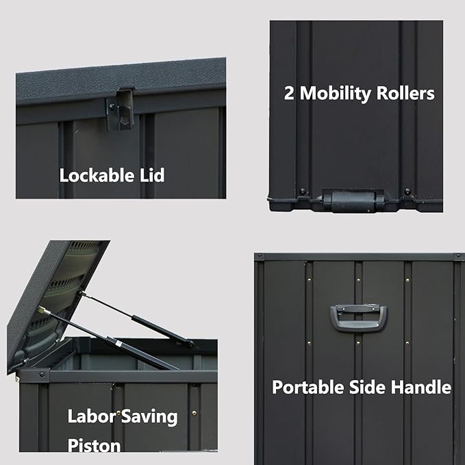 CHUNLY 120 Gallon Waterproof Deck Box with Lockable Resin Lid, Storage Bench w/Mobility Rollers, Outdoor All-weather Patio Storage Box for Outside Cushions, Garden Tools (Dark Gray)