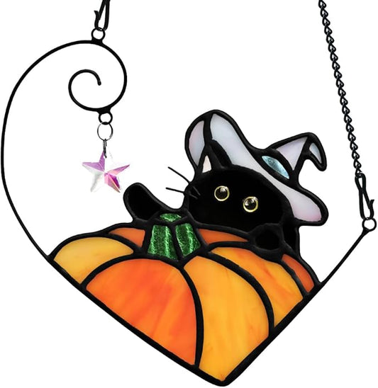 BOXCASA Black Cat Decor Stained Glass Window Hangings Pumpkin Ornament,Halloween Decor Witch Hat Cat Suncatcher for Window,Colorful Crystal Star Halloween Cats Themed Gift for Cats Lover
