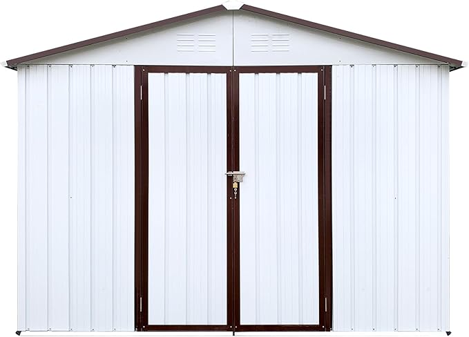 Sheds & Outdoor Storage 8 ft × 10 ft Storage Shed Large Classic Apex Roof Metal Garden Storage Sheds with Hinged Door Tool Cabinet for Backyard, Patio, Poolside, White + Coffee