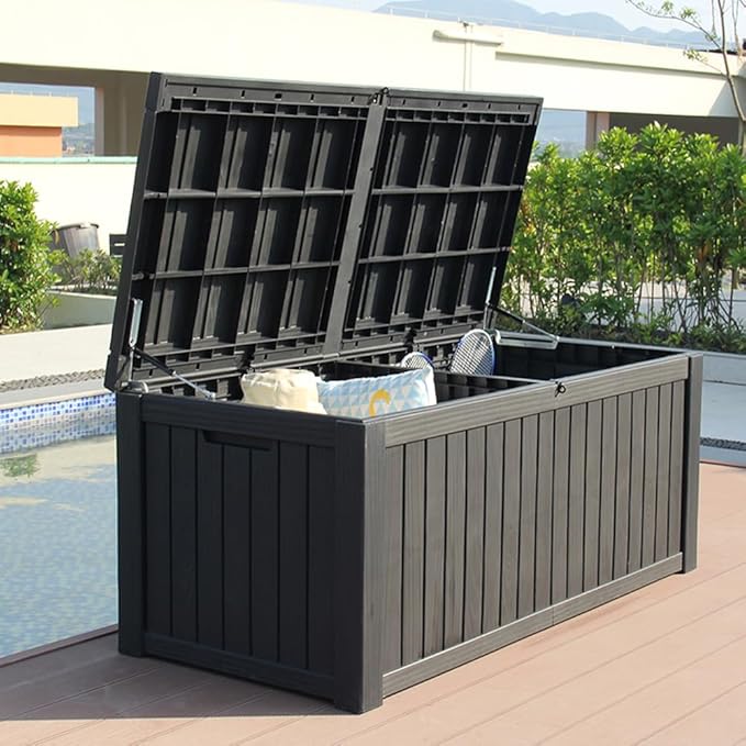 BTEXPERT 150 Gallon Large Resin Deck Box, Outdoor Storage Container with Metal Rods & Partition for Patio Furniture Cushions Garden Tools Equipment Waterproof Lockable UV Resistant