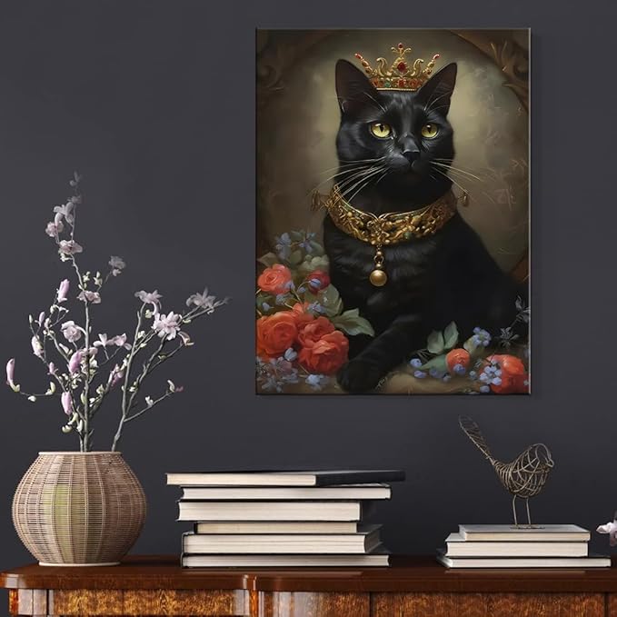 Jatinoo Gothic Halloween Decor - Black Cat Framed Canvas Art Print, Witchy Moody Wall Decor for Living Room, Goth Home Accessories, 11.5x15 Inch Vintage Style
