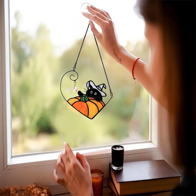 BOXCASA Black Cat Decor Stained Glass Window Hangings Pumpkin Ornament,Halloween Decor Witch Hat Cat Suncatcher for Window,Colorful Crystal Star Halloween Cats Themed Gift for Cats Lover