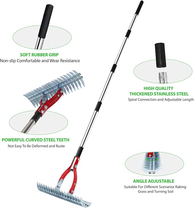 Thatch Rake, 15-inch Lawn Dethatcher Rake, Efficient Steel Metal Rake with Stainless Steel Handle, Heavy Duty Soil Rake, Grass Grooming Rake for Cleaning Dead Grass