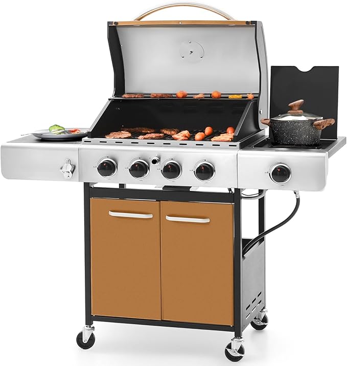 Sophia & William 4-Burner Gas BBQ Grill with Side Burner and Porcelain-Enameled Cast Iron Grates, 42,000BTU Propane Grills Outdoor Cooking Barbecue Grill Cabinet Style, Golden