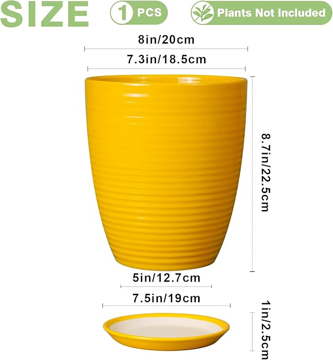 Ceramic Plant Pot - 8 Inch Planter Pot with Drainage Hole and Saucer Round Planter for Indoor Outdoor Plants Flower Pot for Home Patio Garden Office Yellow