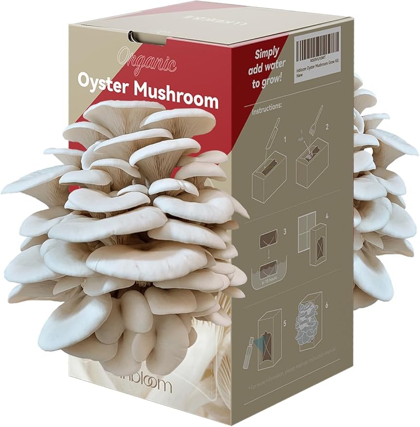 inbloom Organic Oyster Mushroom Growing Kit with Spray, Harvest Fresh Mushrooms at Home, Beginner Friendly & Easy to Use, Unique Gardening Gift for Holiday, Handmade in New Jersey, USA
