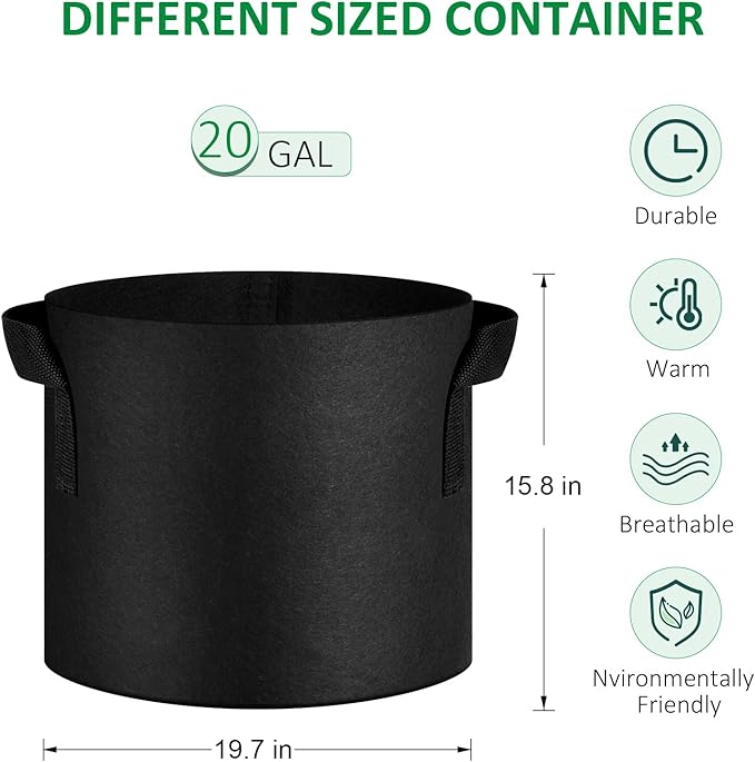 NYONG 12-Pack 20 Gallon Thickened Non-Woven Grow Bags, Aeration Fabric Pots with Handles（Black）